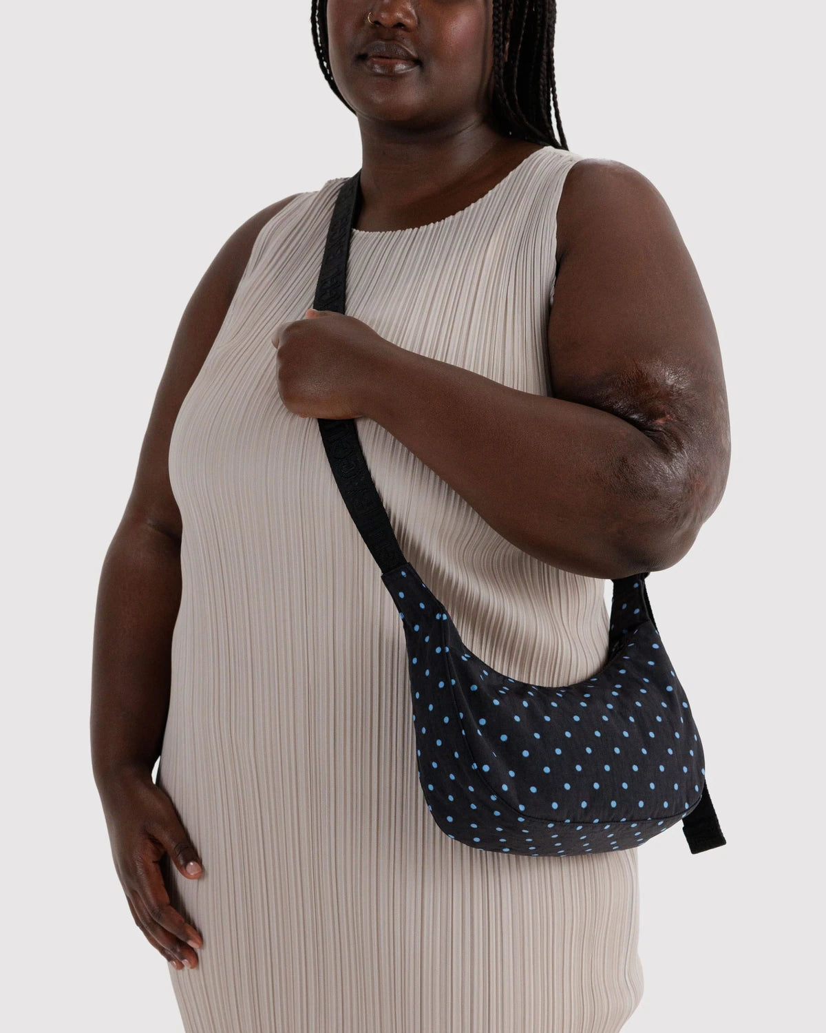 Baggu Small Nylon Crescent Bag - Black And Sky Blue Micro Dot