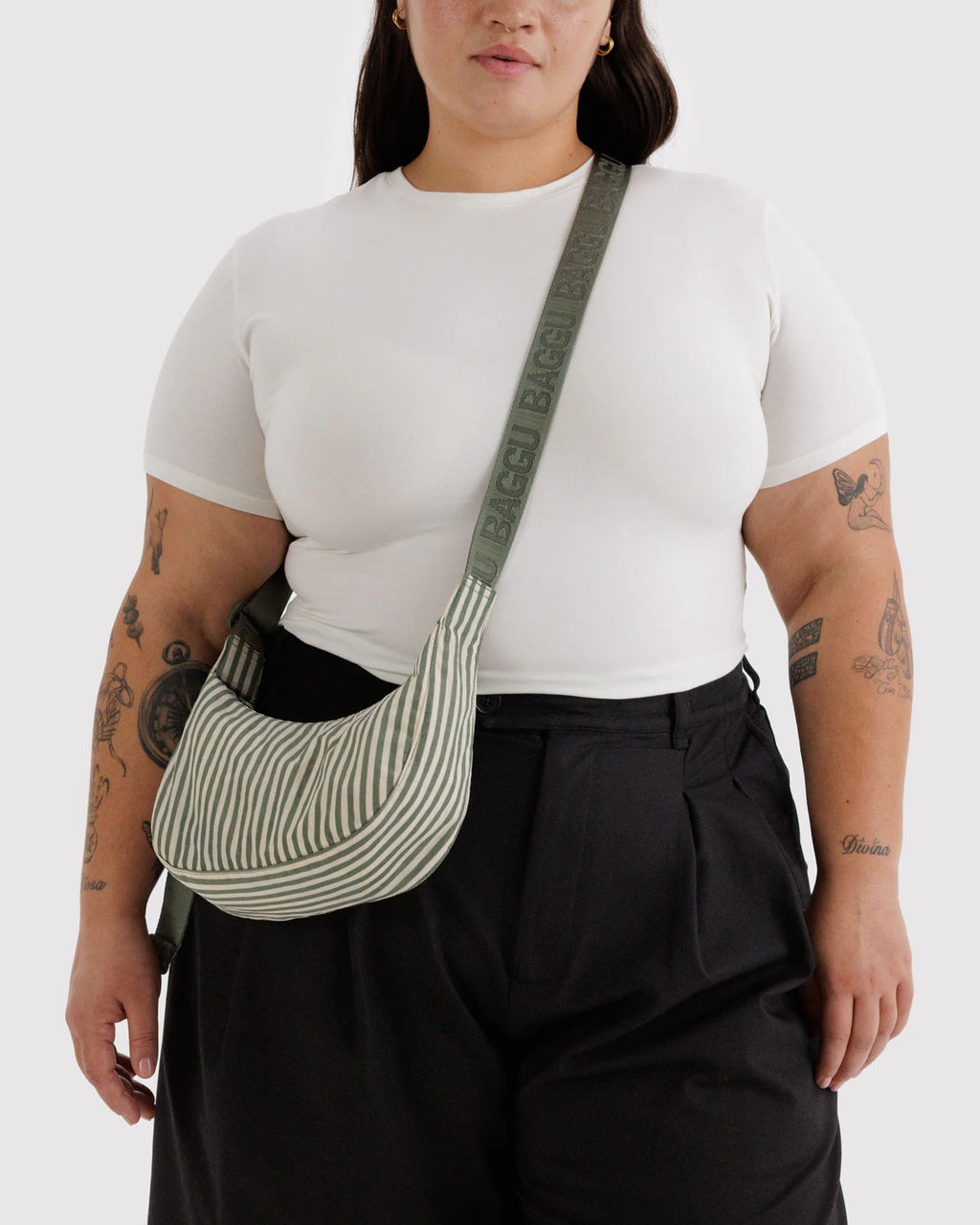 Baggu Small Nylon Crescent Bag - Sage Stripe
